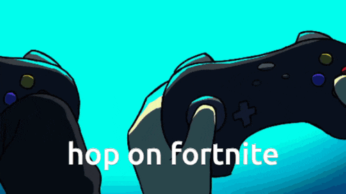 a cartoon of a person holding a video game controller with the words hop on fortnite on the bottom