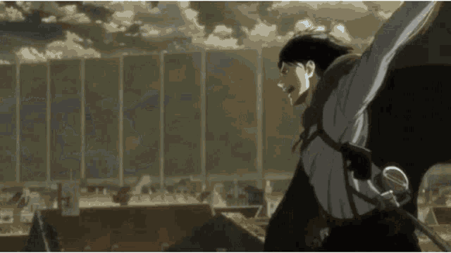 a man with his arms outstretched is standing in front of a wall