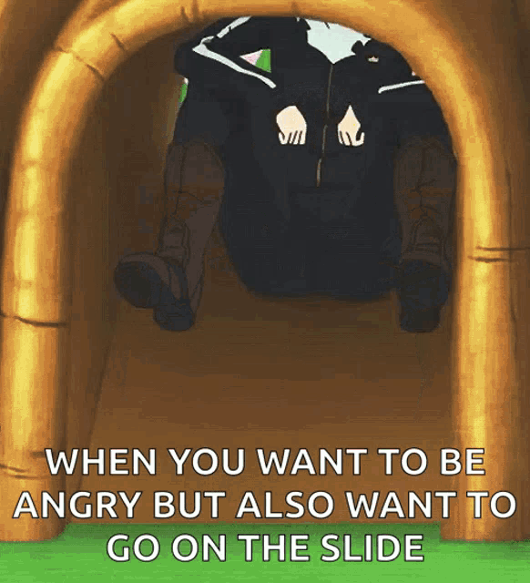 a cartoon of a person on a slide that says when you want to be angry but also want to go on the slide ..