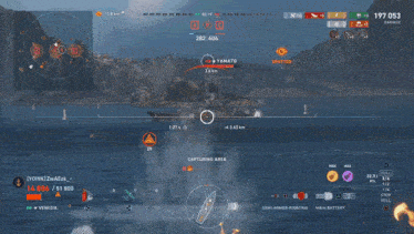 a screen shot of a video game shows a battle between yamato and another ship