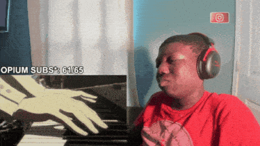 a man wearing headphones is sitting in front of a screen that says " opium subs "