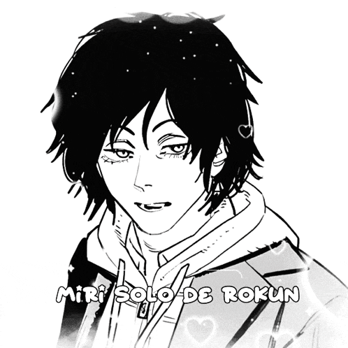 a black and white drawing of a person with the words " miri solo de rokun " on the bottom