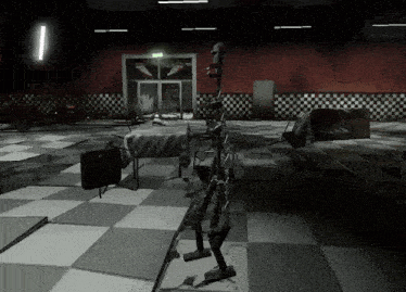 a room with a checkered floor and a sign that says pizza
