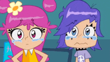 two cartoon girls are standing next to each other one is crying