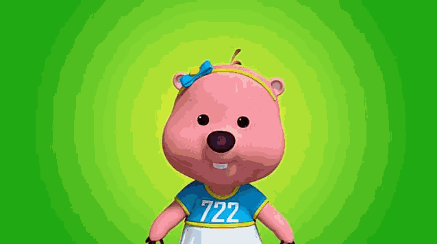 a pink cartoon bear wearing a blue shirt with the number 7222 on it