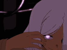 a cartoon of a girl with white hair holding a purple object in her hand