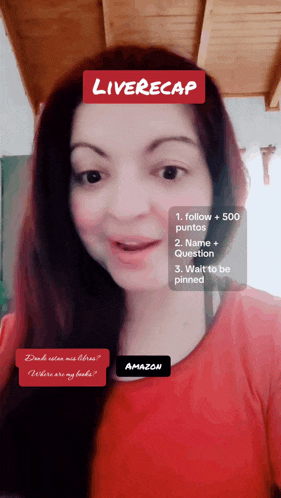 a woman in a red shirt has a live recap sticker on her face