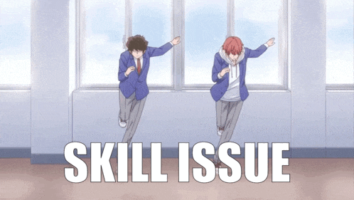two anime characters are jumping in a room with the words skill issue behind them