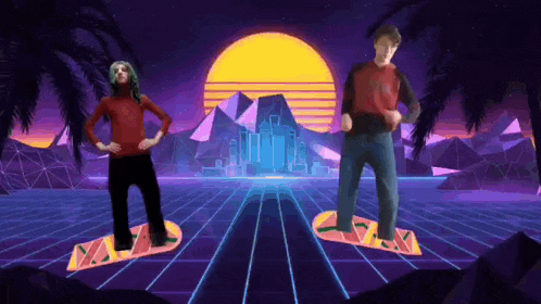a man and a woman are standing on snowboards in front of a neon background .