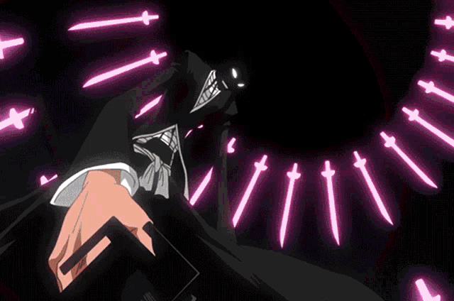 a cartoon character with a mask on his face is surrounded by pink swords