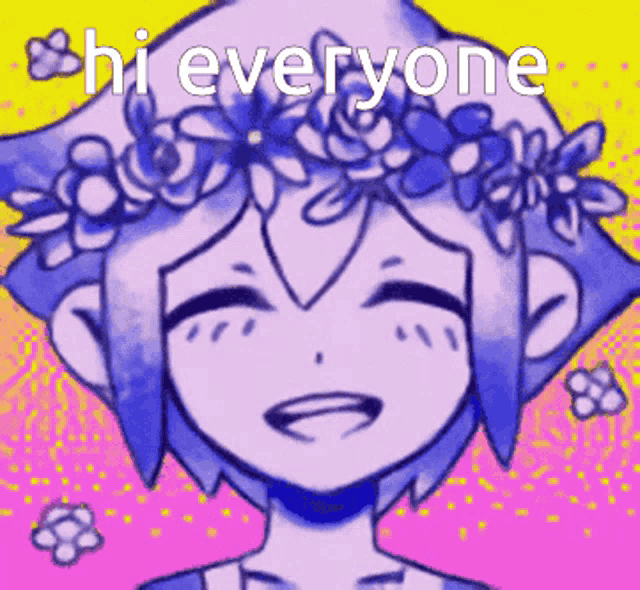 a pixel art of a girl with flowers on her head and the words hi everyone