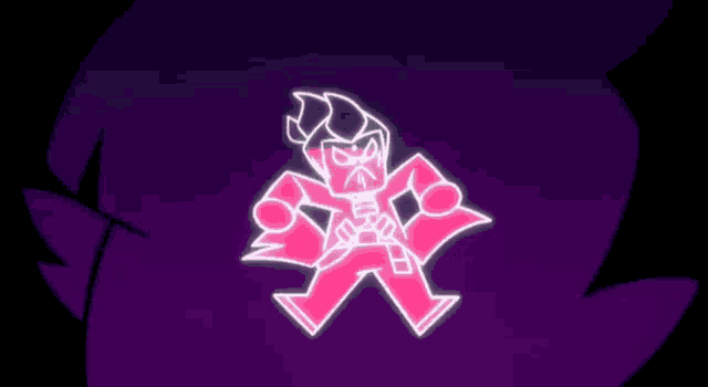 a cartoon character is glowing in the dark and has a purple background
