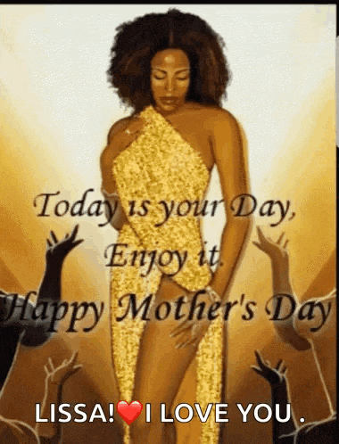 a woman in a gold dress is standing in front of a crowd and says today is your day .