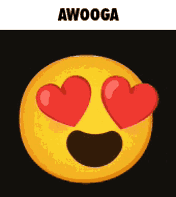 a yellow smiley face with red hearts in its eyes and the word awooga underneath it .