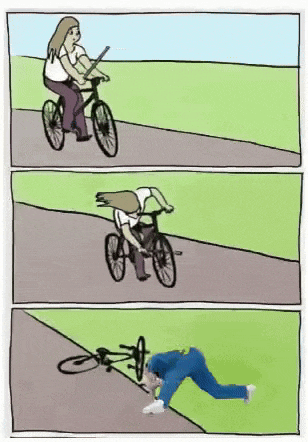 a cartoon of a woman riding a bike next to a man laying on the ground