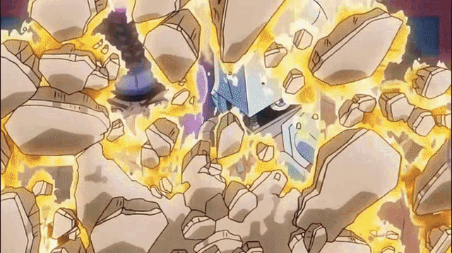 a bunch of rocks are being destroyed in a cartoon scene