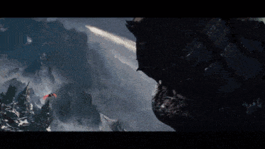 a dragon is flying over a mountain with a rocket coming out of it 's mouth