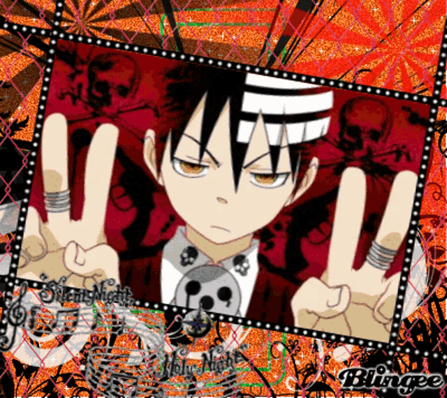 a picture of a boy giving a peace sign is surrounded by skulls