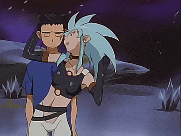 a man and a woman are standing next to each other in a cartoon scene .