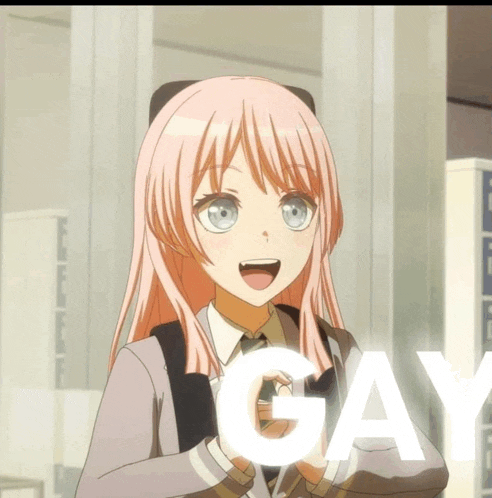 a pink haired anime girl with the word gay in white