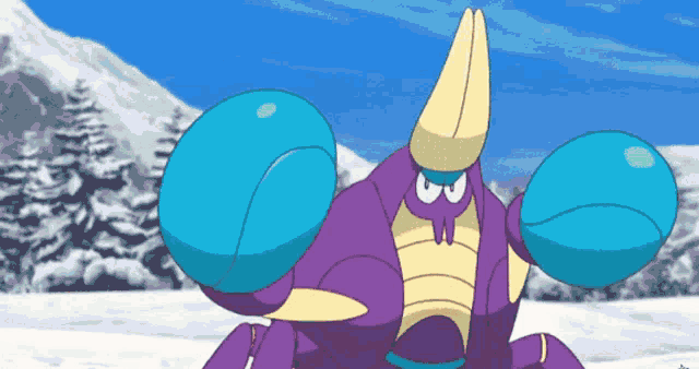 a purple and blue cartoon character with horns
