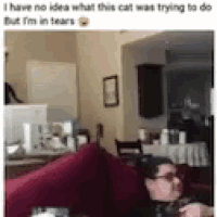 a man is sitting on a couch in a living room with a cat in the background .