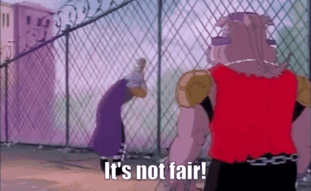 a cartoon character says it 's not fair while standing in front of a fence .