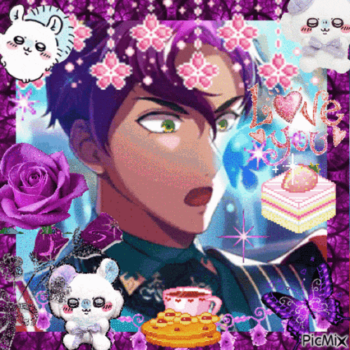 a picture of a man with purple hair is surrounded by purple flowers and a cake