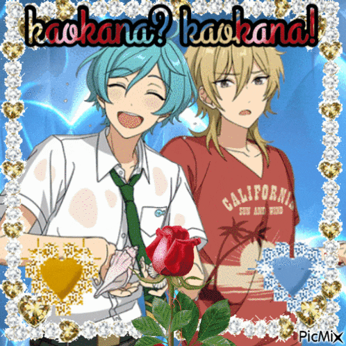 two anime characters are standing next to each other with the words kaokana kaokana