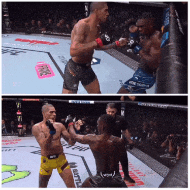 two men are fighting in a cage and one of them is wearing a venum short