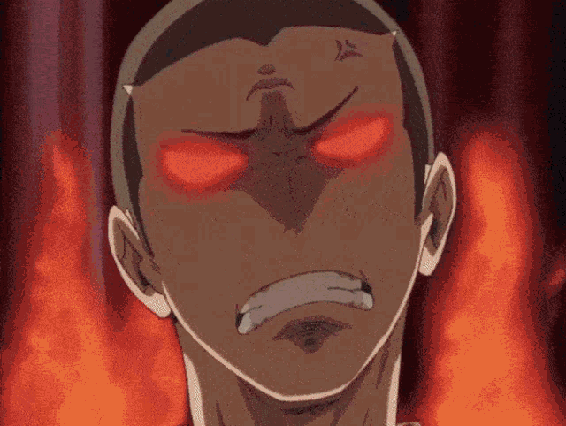 a man with horns on his head has red eyes