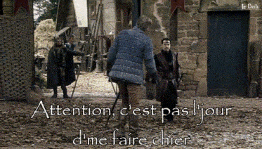 a picture of a man with a sword and the words attention c'est pas l' jour d'me faire chier