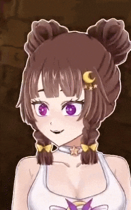 a cartoon girl with braids and purple eyes is wearing a white tank top and a choker .