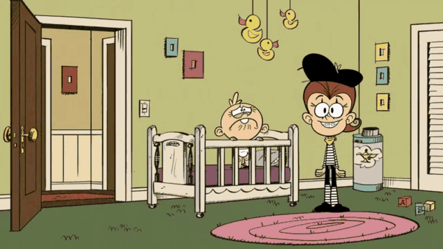 a cartoon drawing of a baby in a crib