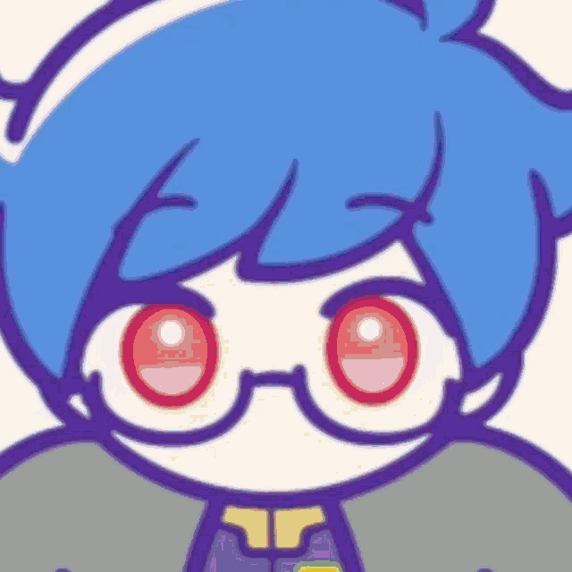 a cartoon of a girl with blue hair and red eyes