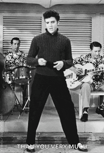 a black and white photo of elvis presley dancing with the words than you very much above him