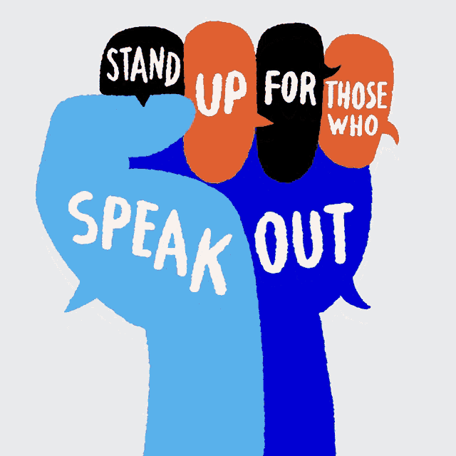 a blue fist with speech bubbles saying stand up for those who speak out