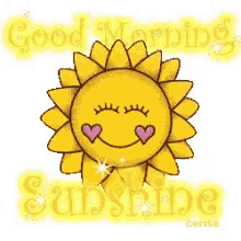 a cartoon sun with hearts on its eyes and the words good morning sunshine behind it