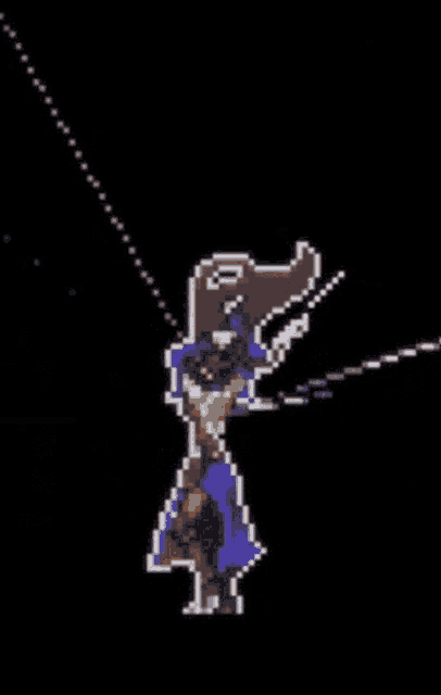 a pixel art of a man holding a sword in a dark room .