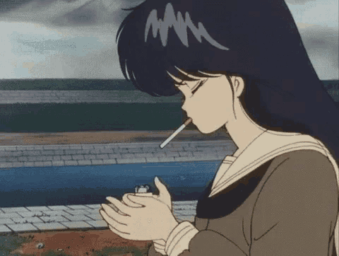 a girl is smoking a cigarette in a cartoon .
