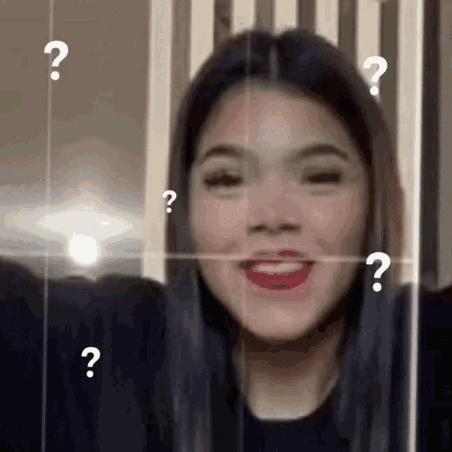 a woman 's face is surrounded by white question marks