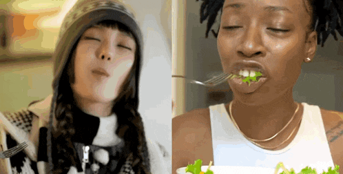 a woman eating a salad with a fork and another woman eating a salad with her eyes closed