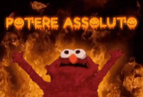 elmo from sesame street is surrounded by flames and the words " potere assoluto " are lit up