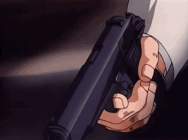 a person is holding a gun in their hand in a cartoon style .