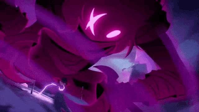 a person is standing in front of a purple monster with a lightning bolt coming out of its mouth .