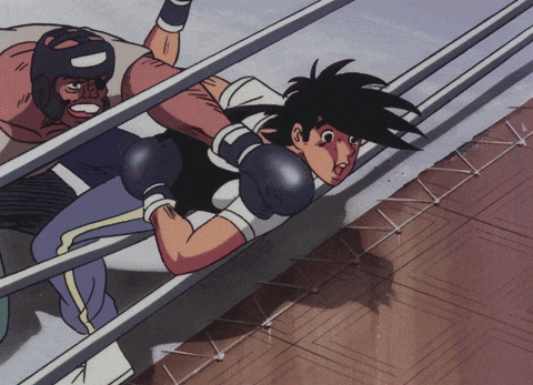 a cartoon of two boxers in a ring with one wearing blue boxing gloves