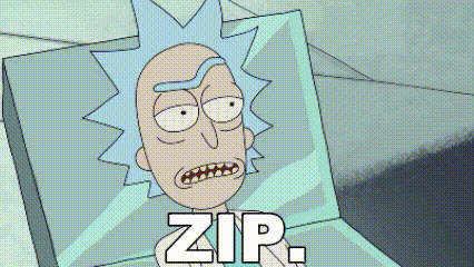 a cartoon of rick from rick and morty is sitting in a box with the word zip written on it .