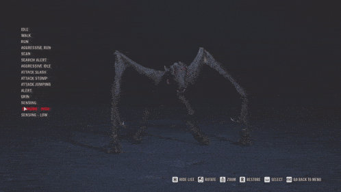 a screenshot of a video game shows a monster and a list of options including hide list restore select and go back to menu