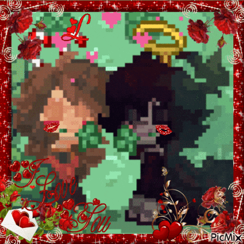 a pixel art of a couple kissing with the words i love you