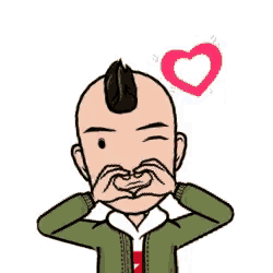 a cartoon man is making a heart shape with his hands in front of his eyes .